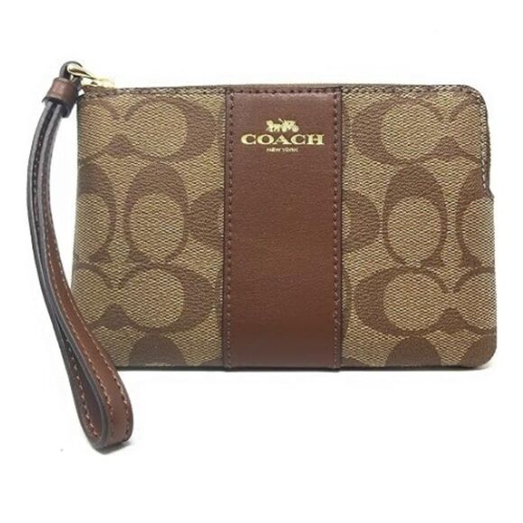 Coach Women's Khaki Saddle Corner Zip Signature Canvas Wristlet Wallet - Picture 1 of 8